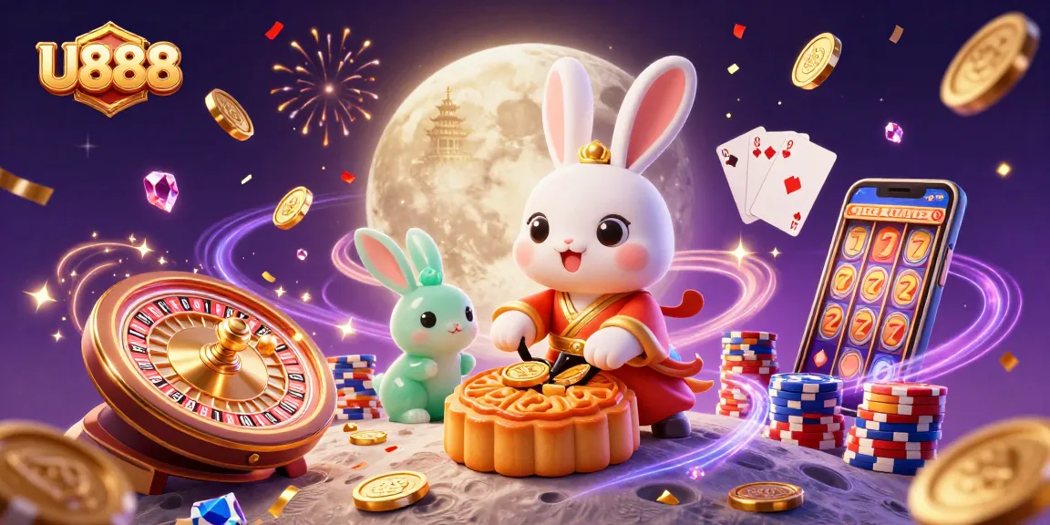 U888 showcases the moon rabbit amidst celebratory casino elements and stunning visuals for an immersive gaming experience.