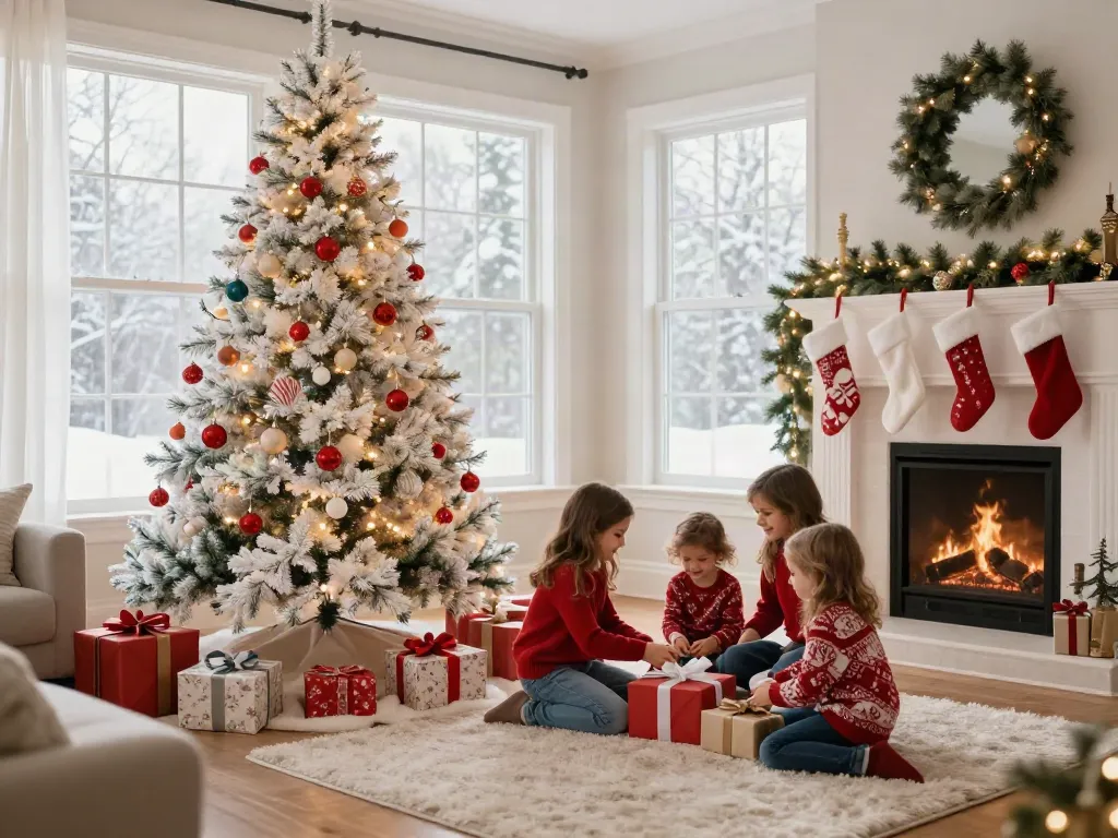 Elegant white tree xmas adorned with lights and ornaments in a cozy living room.