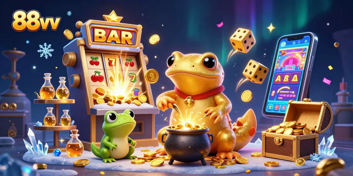 Experience thrilling wins with 88vv, depicted as a vibrant casino scene of gold coins and games.
