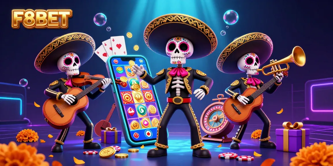 Experience the excitement of F8BET with a vibrant 3D illustration showing a mariachi band amidst casino elements.