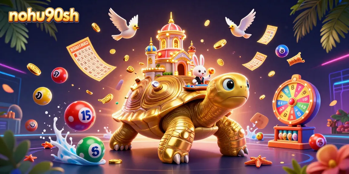 Nohu90sh showcases a vibrant casino scene with a golden tortoise, dynamic elements and a rabbit dealer delivering excitement.