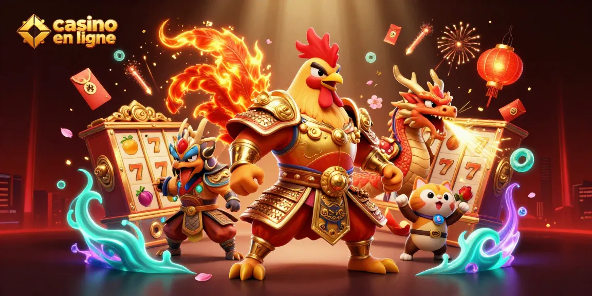 Découvrez le monde fascinant du casino en ligne avec un combattant, un dragon et un chat porte-bonheur.