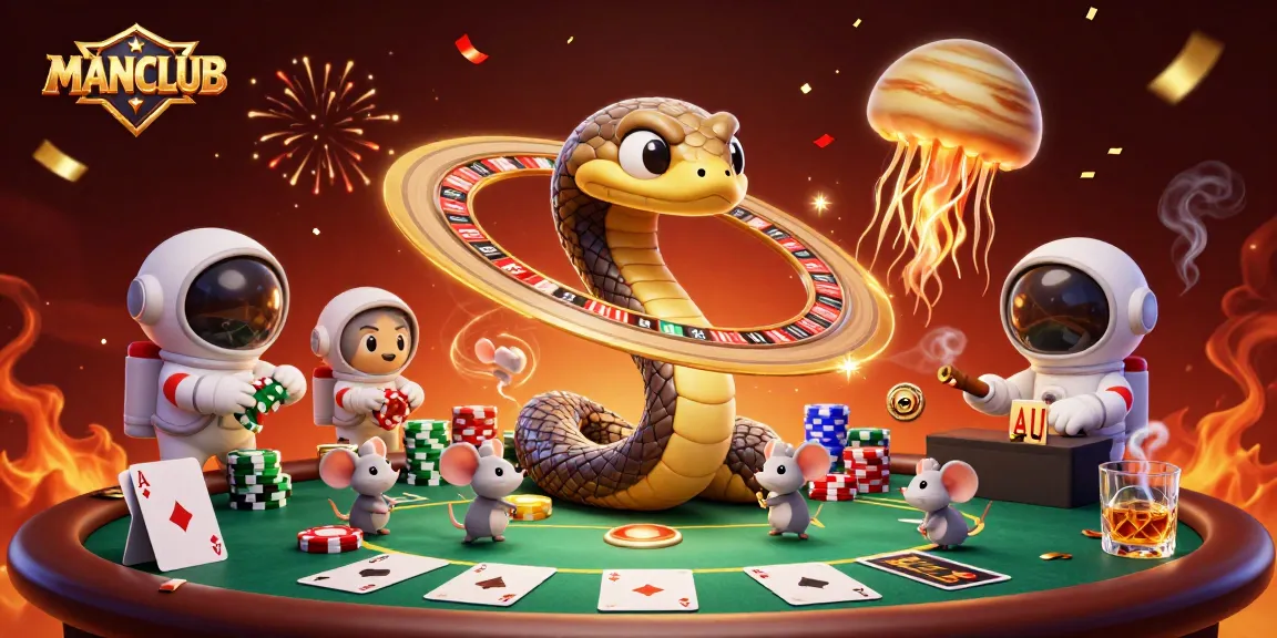 Experience the thrilling bets at MANCLUB with a cosmic casino scene featuring unique characters.