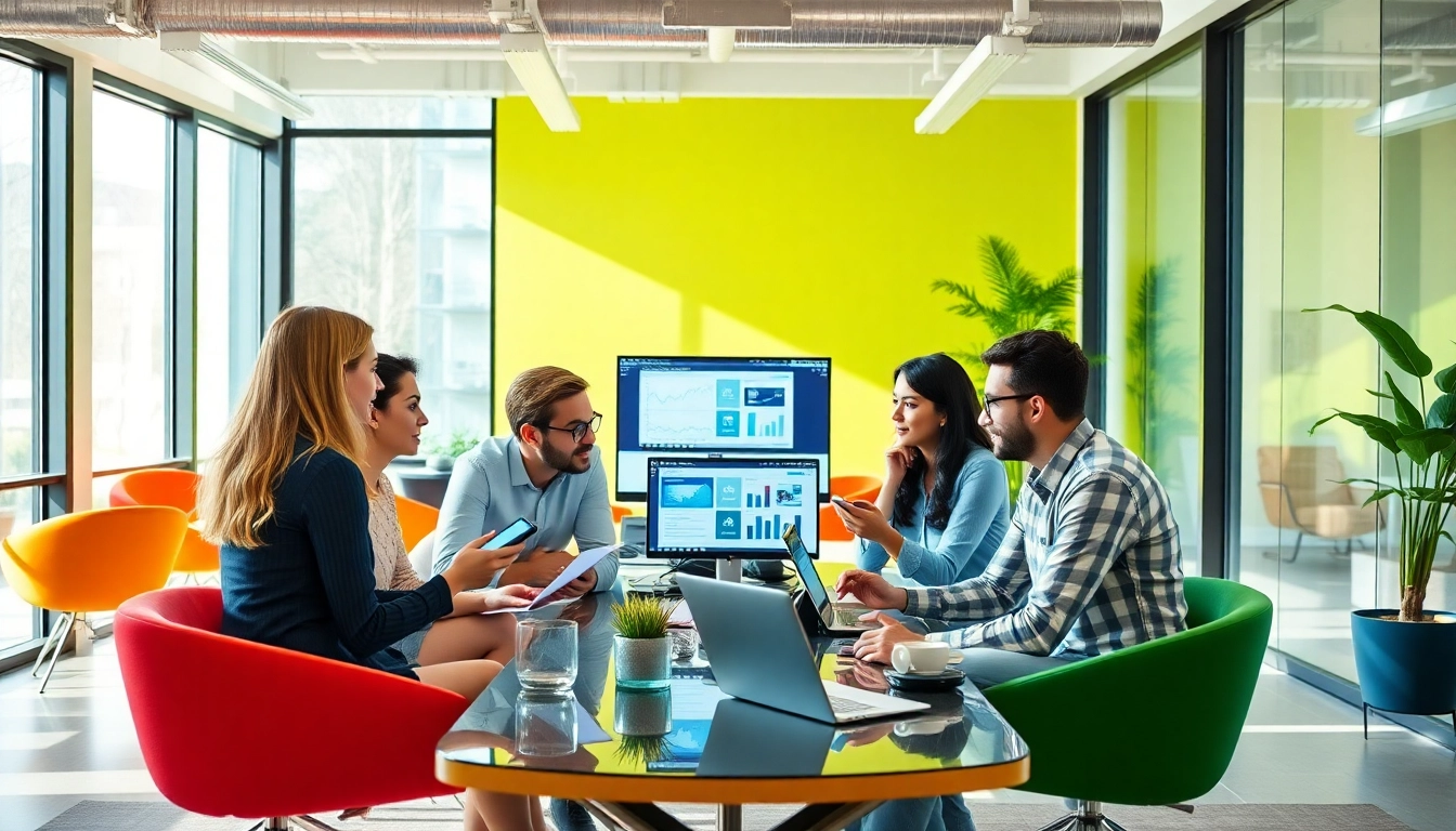 Engaged team of a digital marketing company Australia collaborating in a vibrant office.