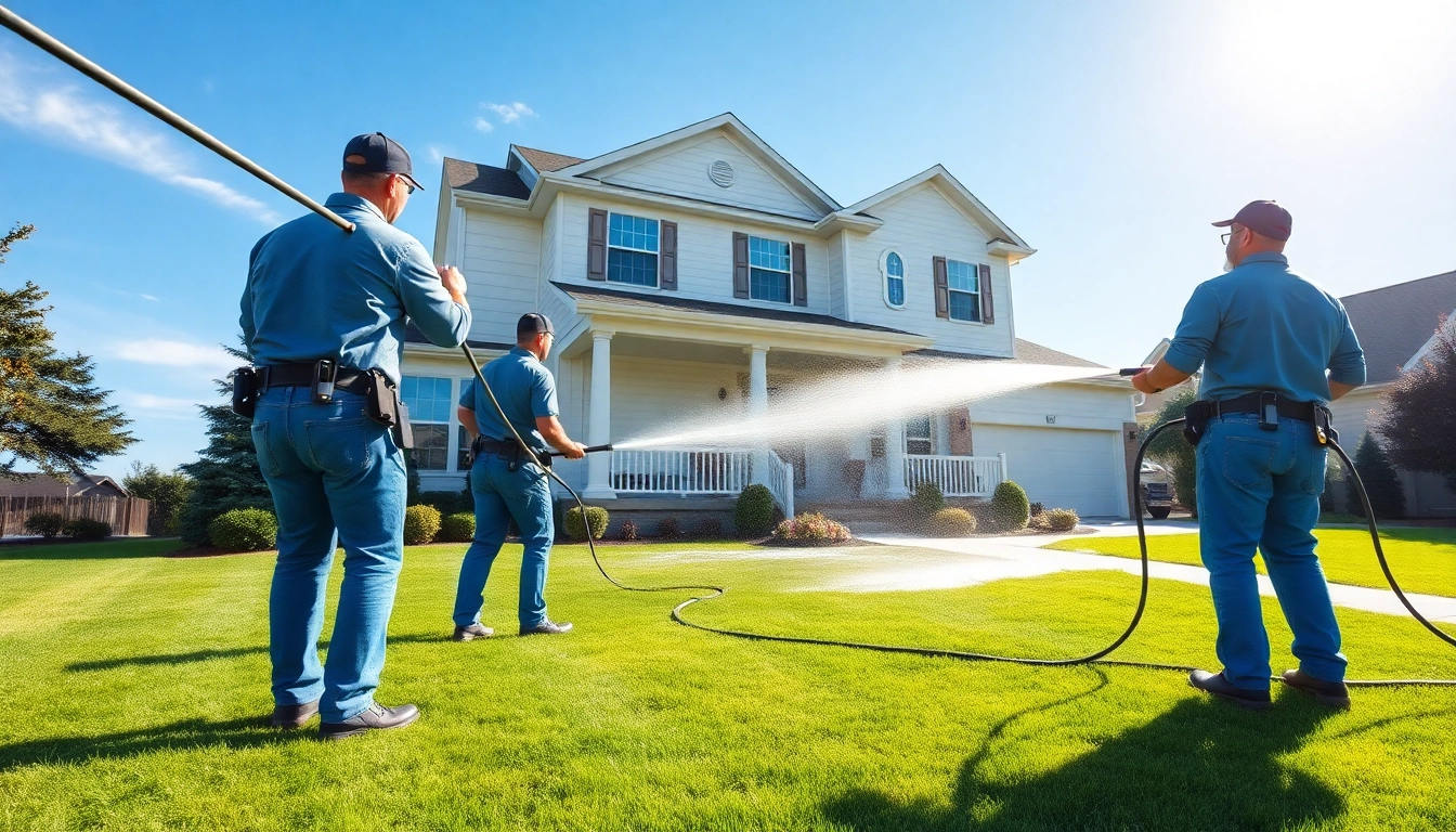 Team performing House Washing on a two-story home, highlighting their professional techniques.
