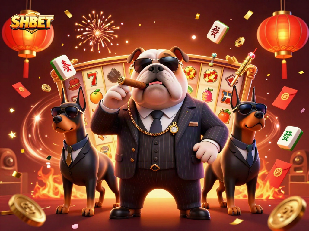 Experience thrilling SHBET slots with a dynamic scene showcasing our mafia bulldog and bodyguard Dobermans.