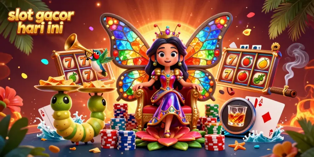 Slot gacor hari ini: ilustrasi ratu kupu-kupu bersinar dengan elemen kasino dan rangkaian slot.