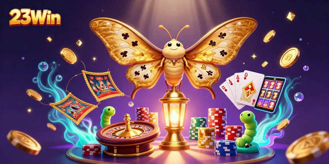 Experience the excitement of 23Win with vibrant 3D elements showcasing casino games and golden treasures.