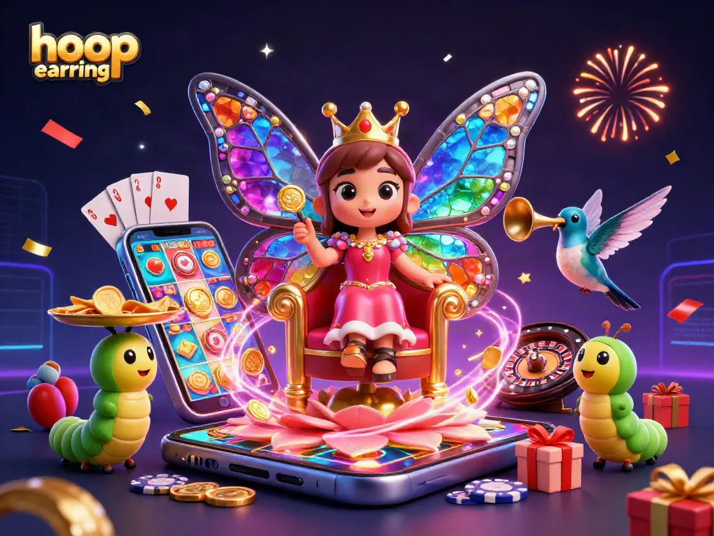 Win with stylish hoop earrings illuminating a vibrant casino scene filled with festive elements.