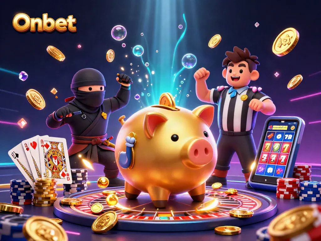 Onbet features a lively casino scene with a golden piggy bank sumo wrestler shaking loose coins.