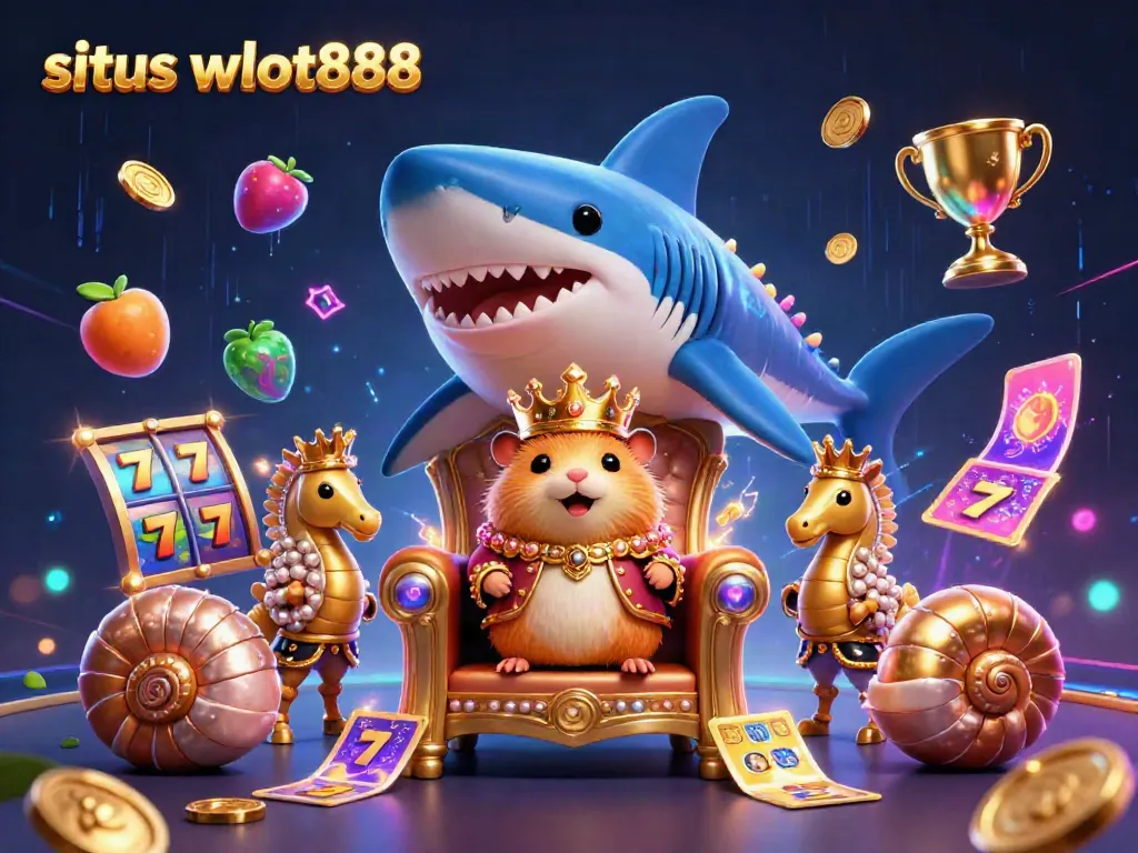 Menggambarkan pengalaman bermain situs wslot888 dengan karakter raja hamster emas di singgasana gigi hiu, di tengah hiasan permainan slot