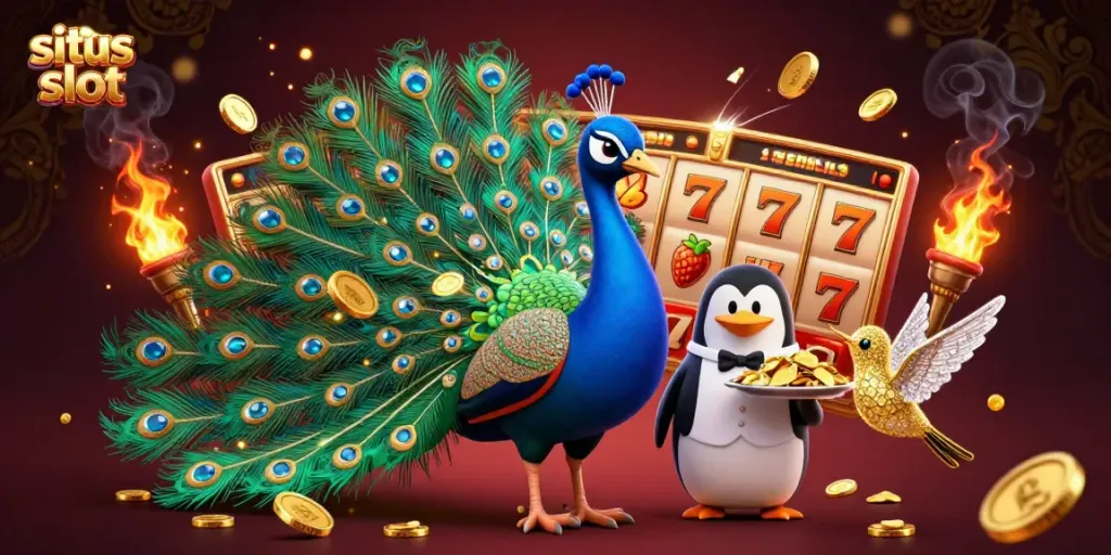Slot berkilau dengan simbol buah dan jackpot dikelilingi karakter menarik dalam ilustrasi 3D yang menawan.