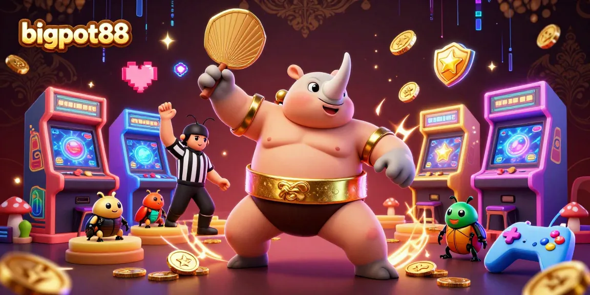 Experience bigpot88 excitement with the powerful stomp of the sumo champion beetle sending coins flying in this vibrant casino scene.