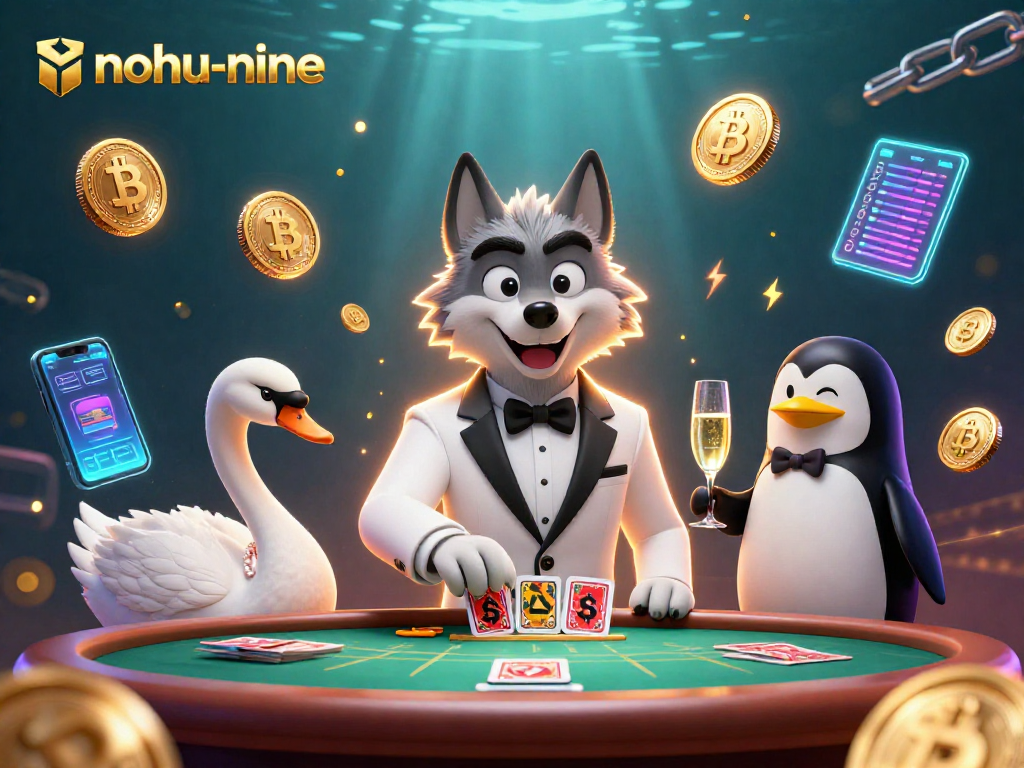 Experience the thrilling gameplay of nohu-nine with a lively casino scene featuring a debonair wolf and elegantly dressed characters.
