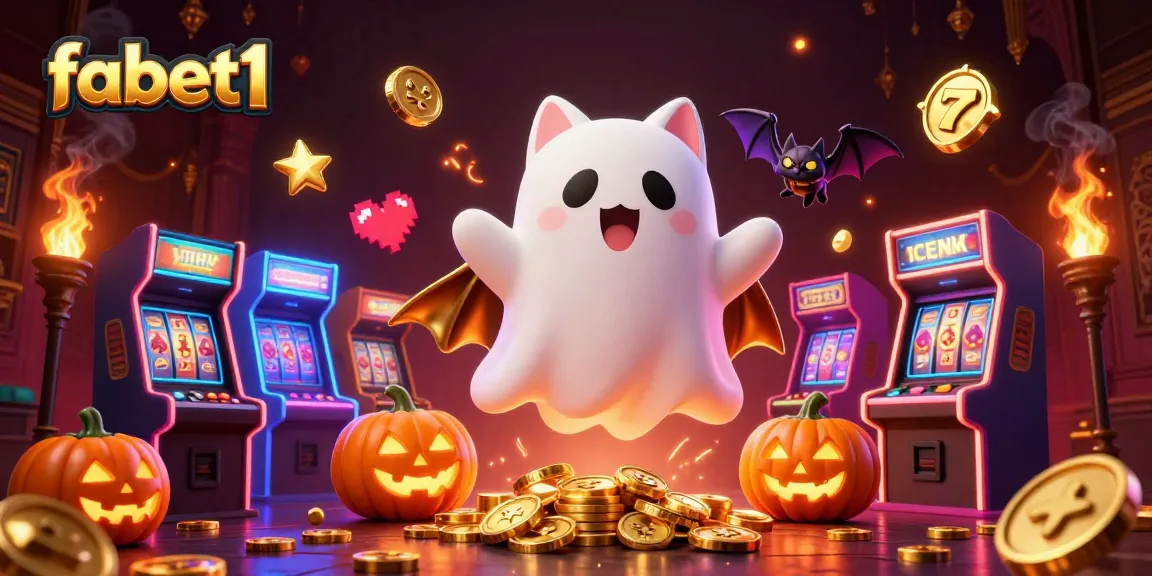 Engage with fabet1 in a haunted casino with a friendly ghost cat and vampire bat amidst slot machines.