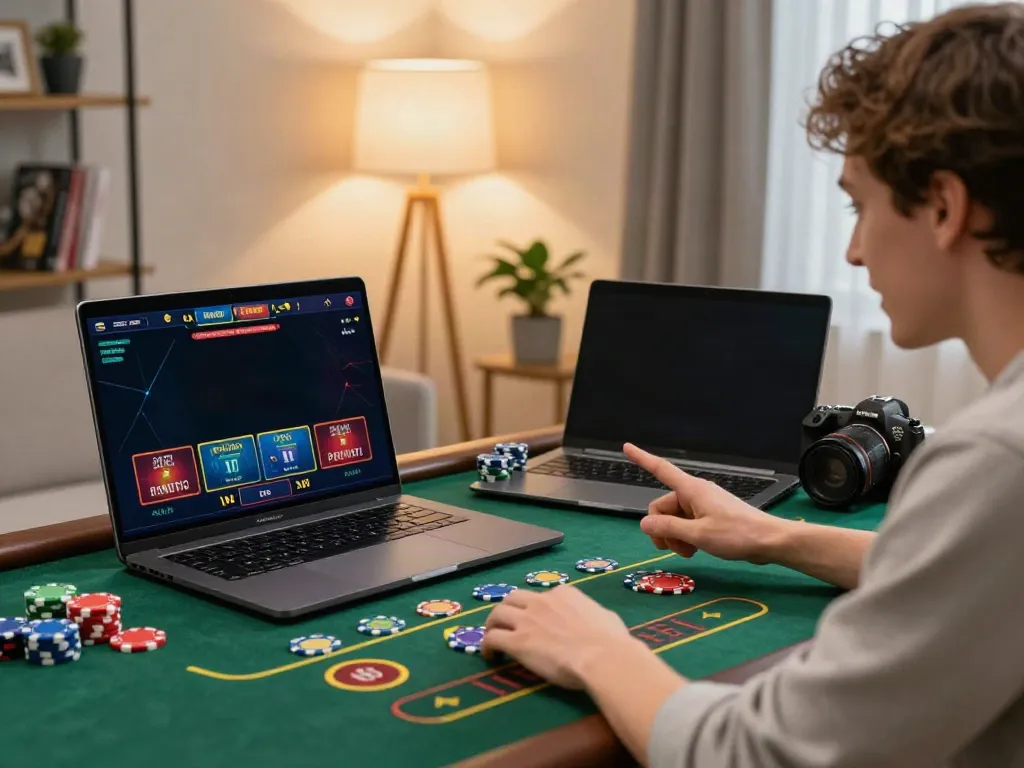 Engaging player at home enjoying situs gacor live dealer game on laptop.
