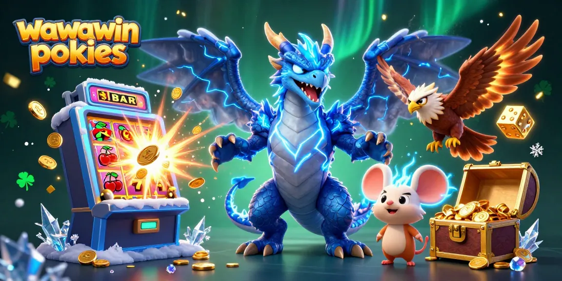 Experience exhilarating wawawin pokies with dynamic characters and vibrant casino elements in a 3D illustration.