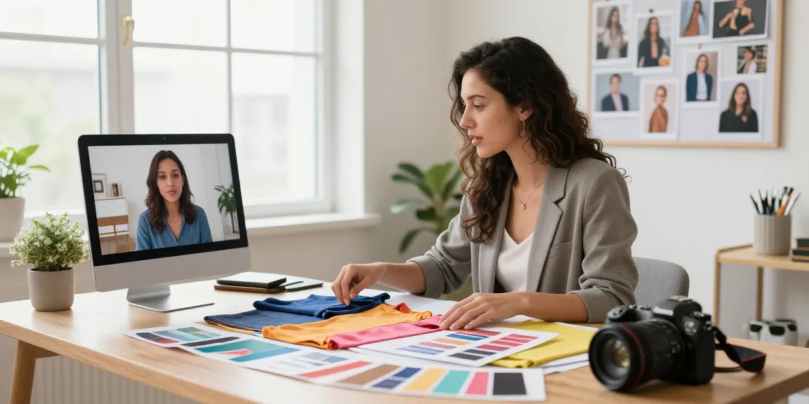Consulenza d'immagine durante una videochiamata con un consulente di moda in un elegante ufficio domestico.