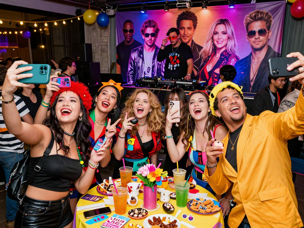 Friends at a party dressed as celebrities look alike, enjoying themed festivities in an urban setting.