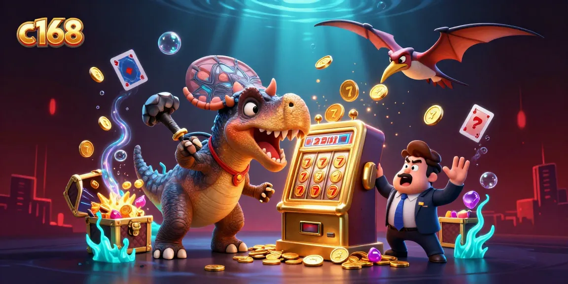 c168 offers thrilling jackpot excitement as dinosaurs celebrate winning coins from a slot machine.
