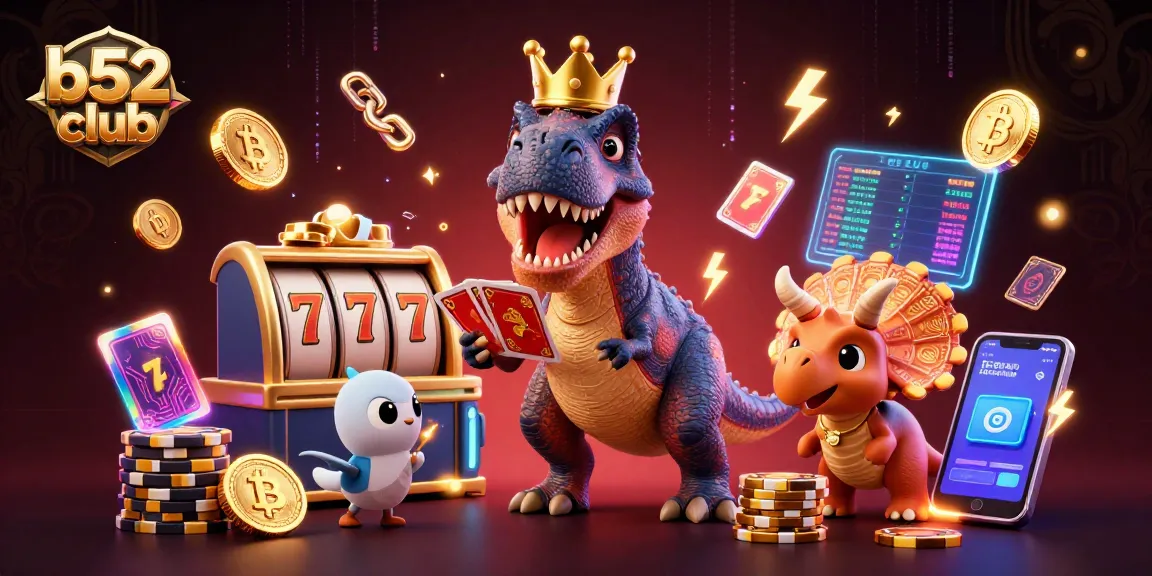 Engage in thrilling gaming with b52 club featuring a T-Rex shuffling cards and winning chips!