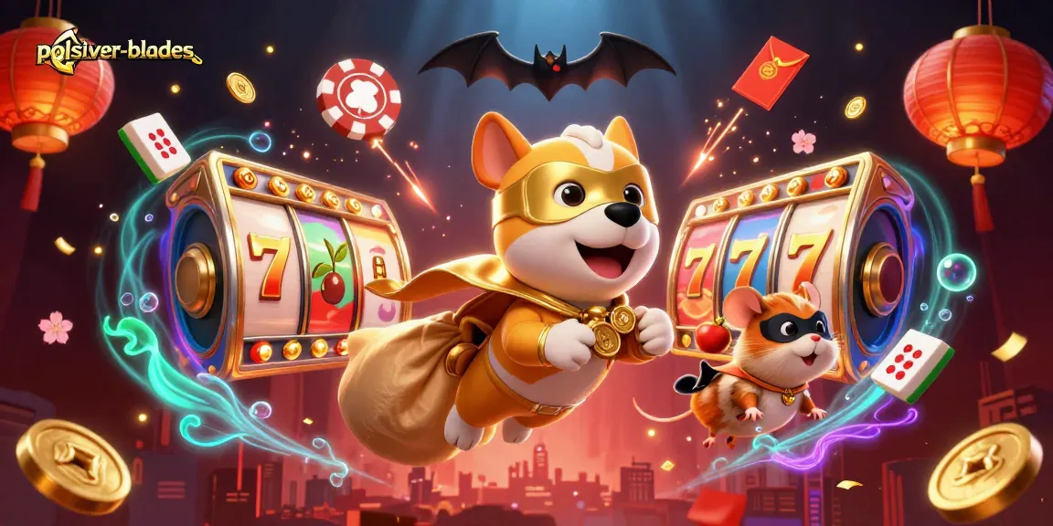 Experience the thrill of polsilver-blades as the superhero dog collects gold coins amidst vibrant casino elements.