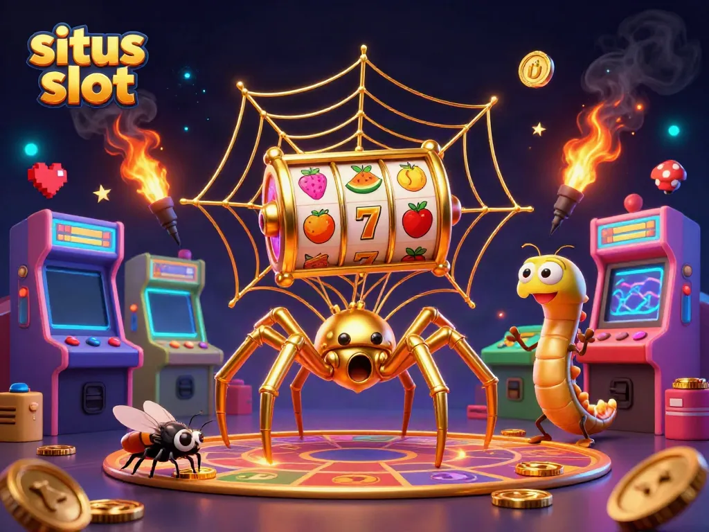 Gambaran animasi 3D situs slot dengan laba-laba emas dan mesin slot yang berkilau dalam suasana kasino.
