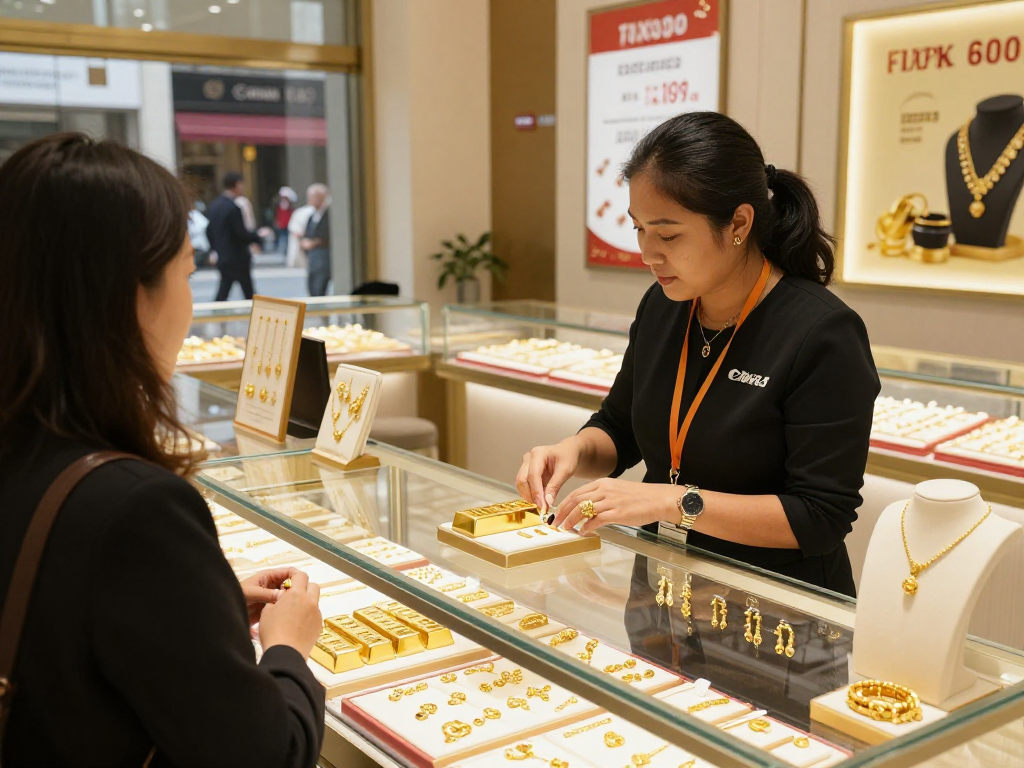 Showcasing gold jewelry and 24K bars at a retail store for mantra88 customers.
