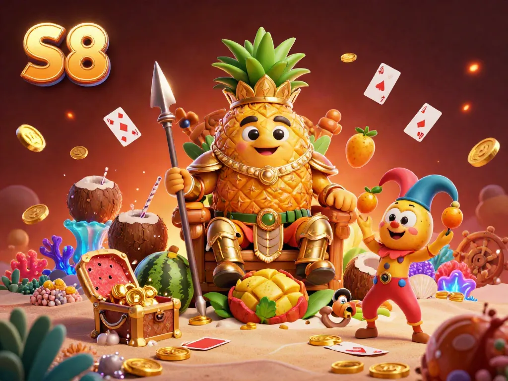 Experience the vibrant adventures of S8 with the golden pineapple king and casino fun on a beach.