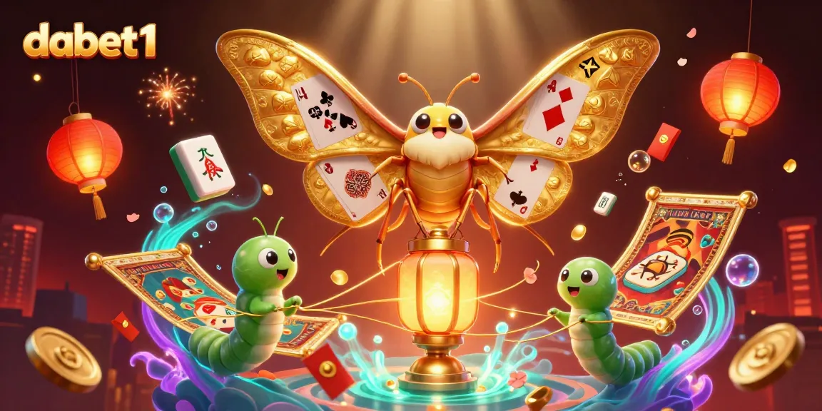 dabet1 showcases a vibrant 3D casino scene with a majestic moth and floating game elements.