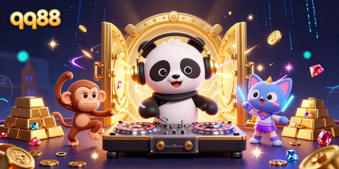 Experience the vibrant world of qq88 casino with colorful DJ panda and dancing characters.