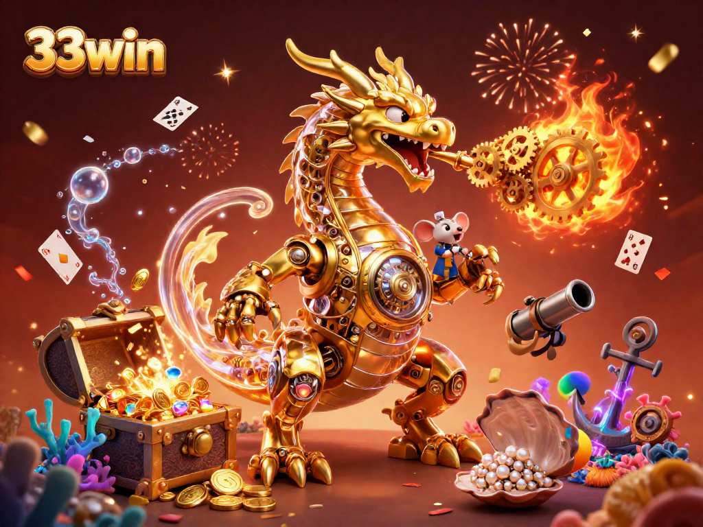 Engage with 33win's vibrant 3D casino scene featuring a golden dragon and money-making treasures.