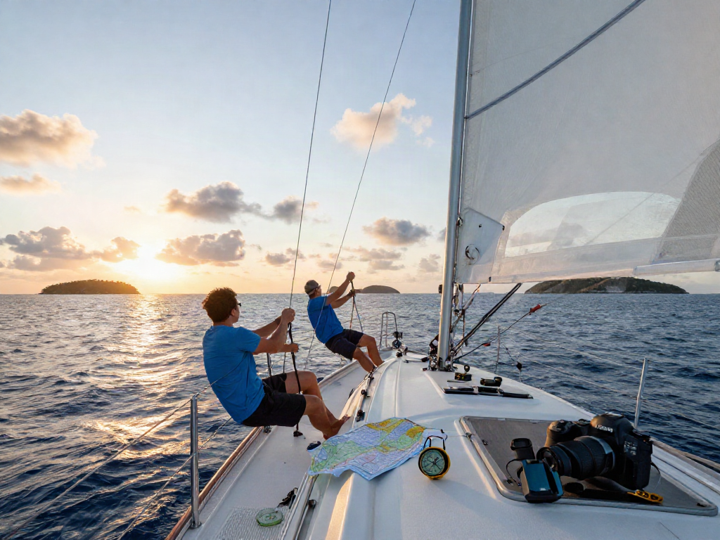 Sailing enthusiasts adjusting sails on a yacht, slot 5k adventure under sunset, ocean backdrop.