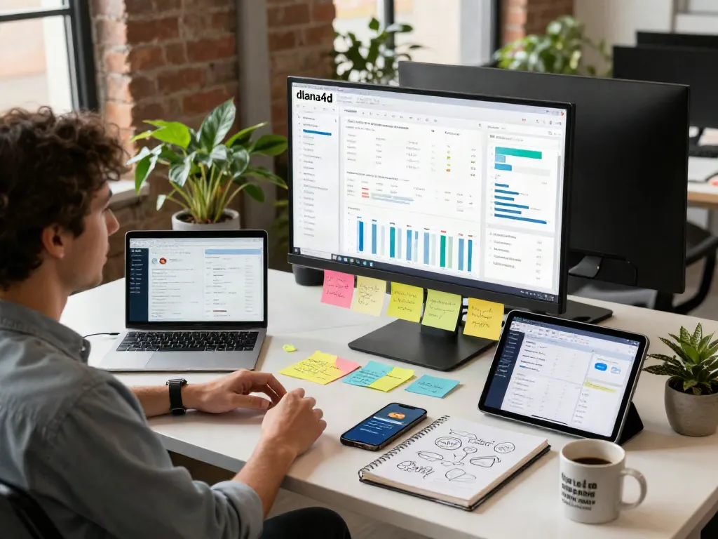 Analisis pemasaran digital diana4d di ruang kerja modern dengan statistik tampil.