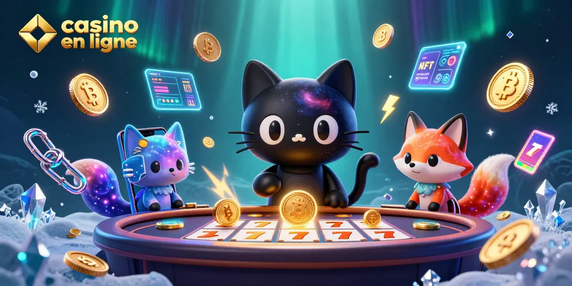 Plongez dans l'univers du casino en ligne avec une illustration captivante d'un chat noir gravitationnel et un renard nébuleux.