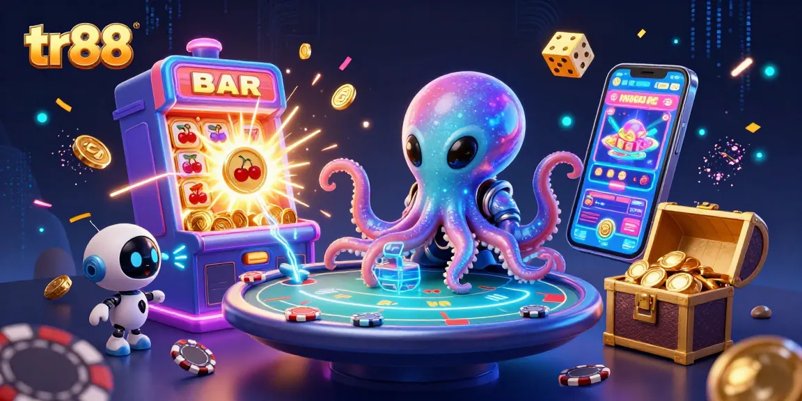 Experience thrilling gaming at tr88 with a colorful 3D scene of an alien octopus and poker games.