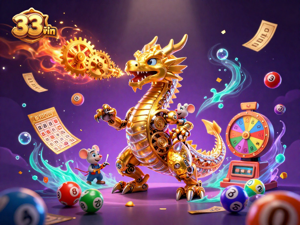 Experience thrilling gaming excitement with 33win's dynamic 3D illustration of a golden dragon and lottery elements.