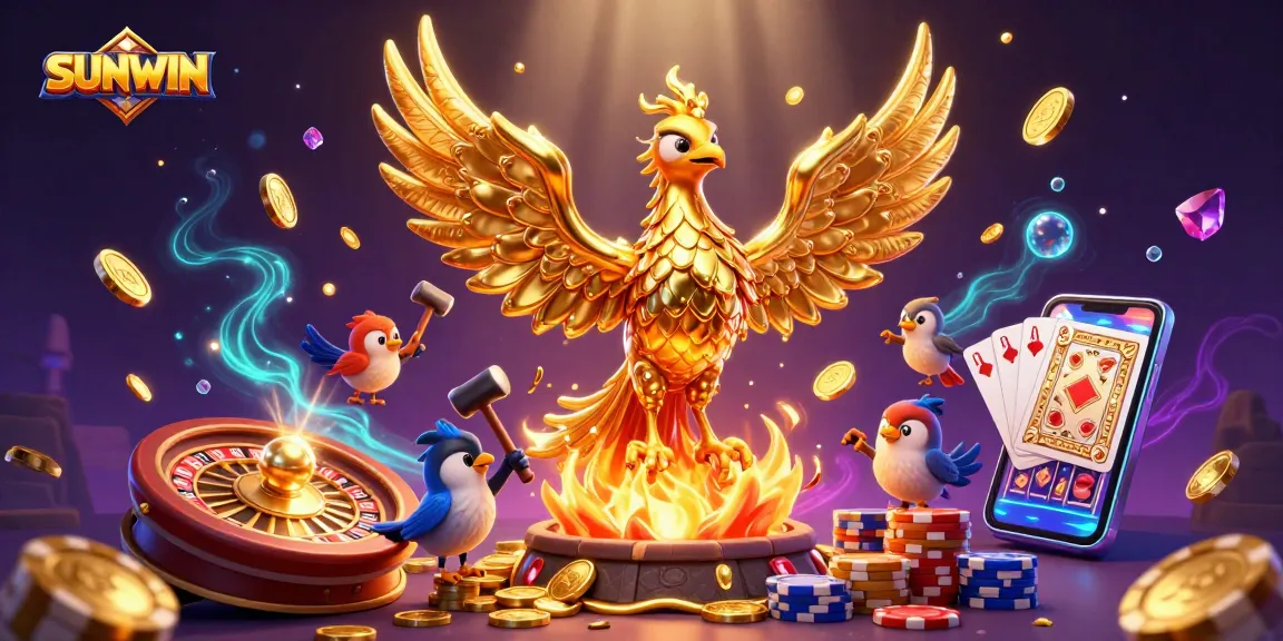 SUNWIN’s golden phoenix rising amid a vibrant 3D casino scene filled with coins, cards, and winning elements.