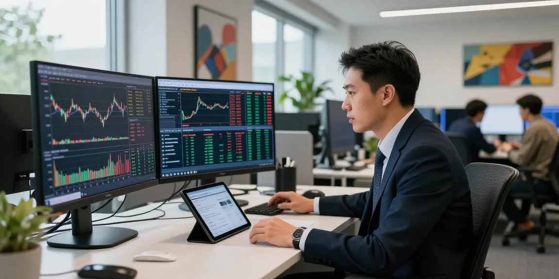 Traders analyzing m98 market data in a modern finance office.