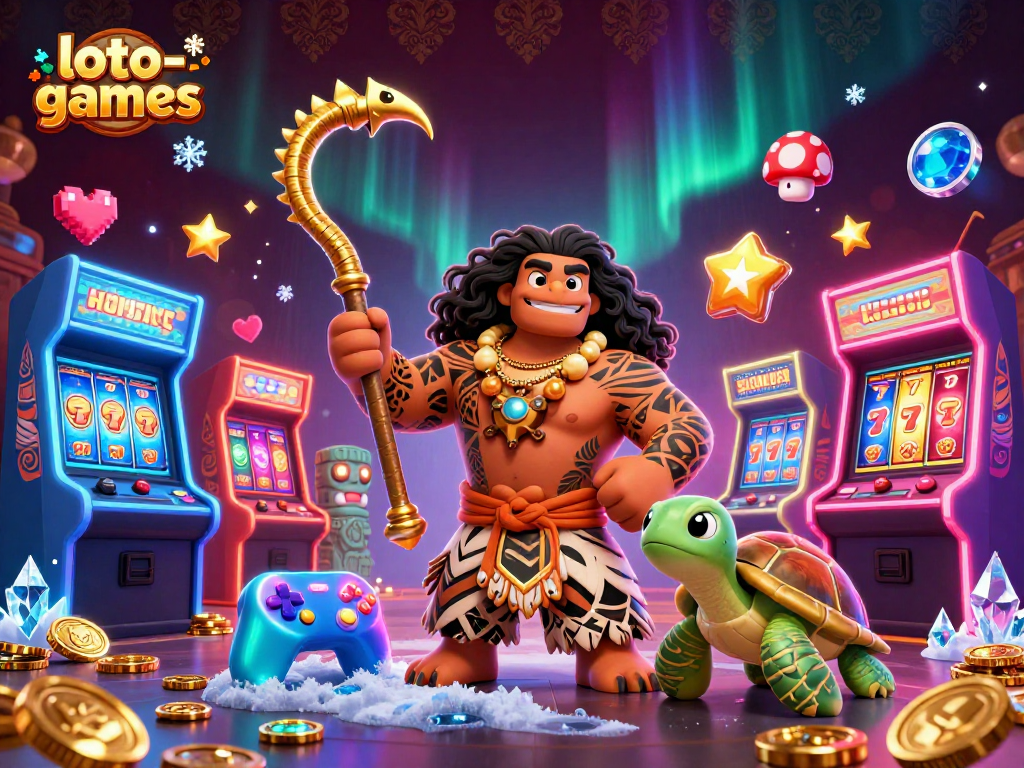 Experience the excitement of loto-games with a vibrant 3D illustration showcasing Hawaiian-inspired characters alongside dynamic gaming elements.
