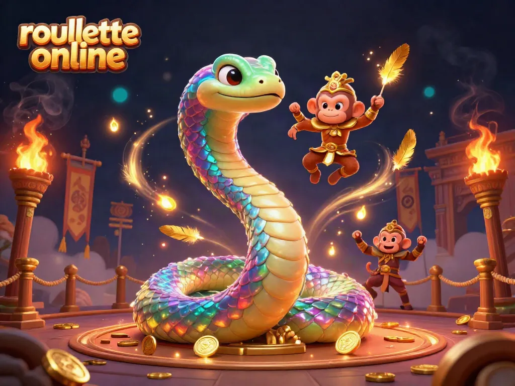 Experience roullete online with a vibrant 3D illustration of a rainbow serpent and monkey king in a majestic casino setting.