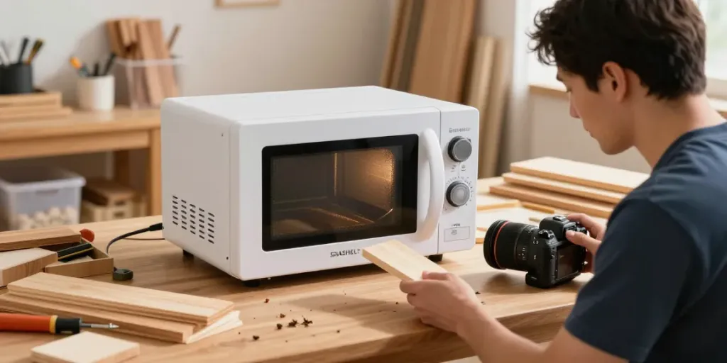 SHASHEL® microwave equipment effectively eliminating wood-boring insects in a home workshop environment.