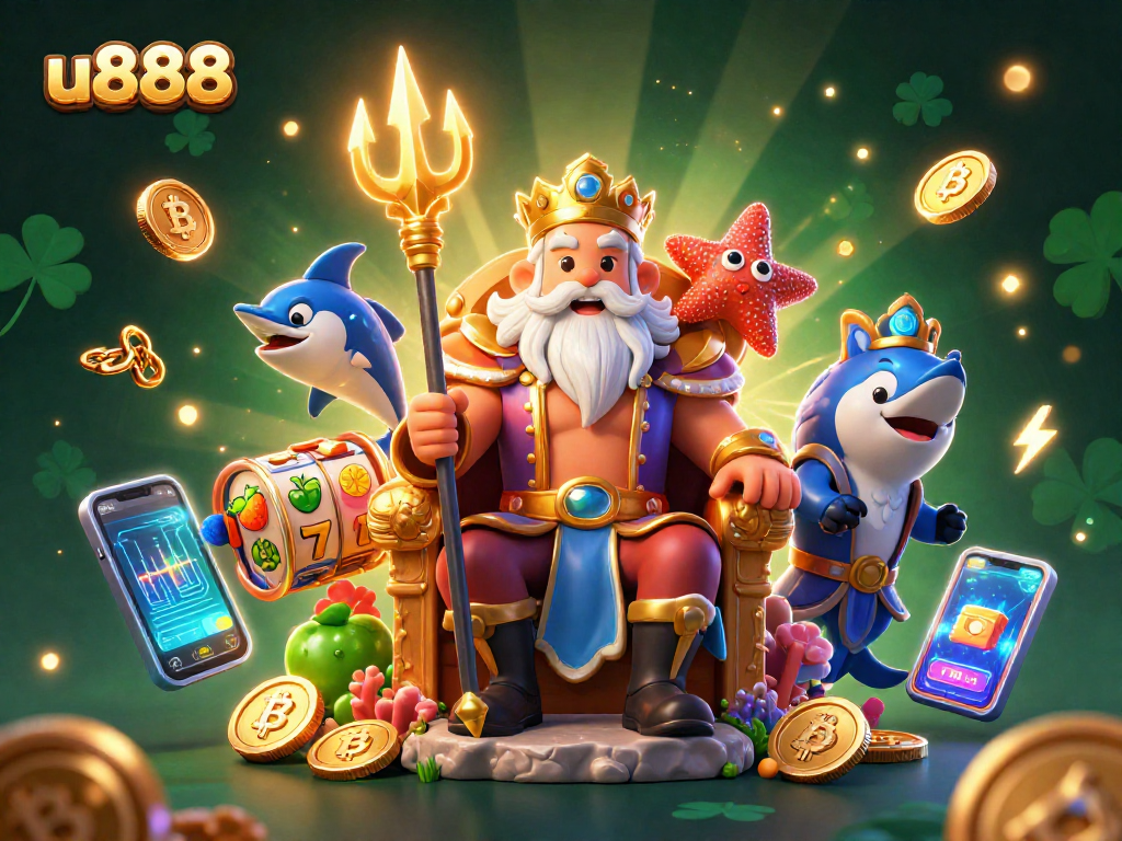 Experience u888 with Neptune in a vibrant 3D casino scene filled with slots and crypto coins.
