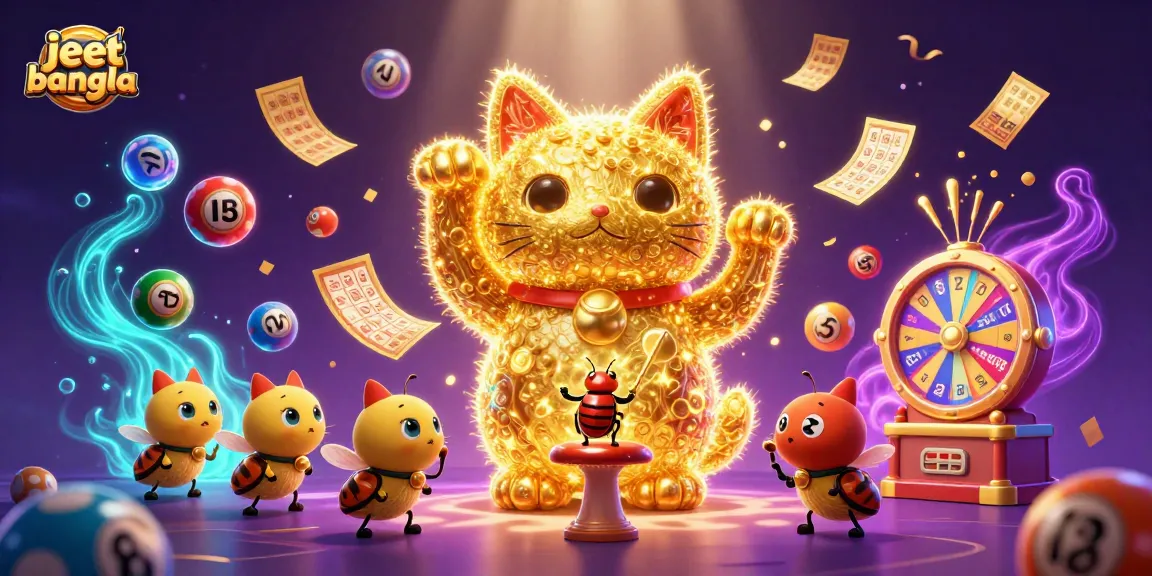 Experience the luck of jeetbangla with vibrant golden fireflies and casino symbols in this lively illustration.