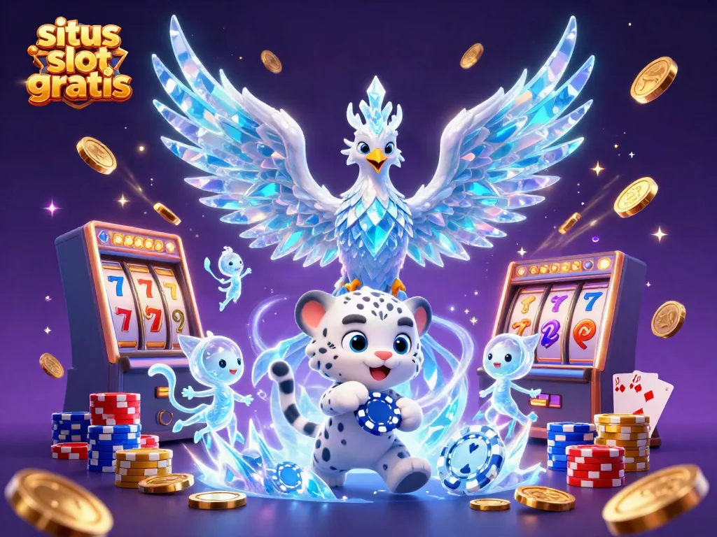 Experience the excitement of situs slot gratis with a vibrant illustration of an ice phoenix, poker chip, and sparkling gems.