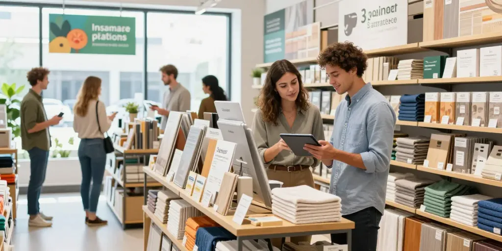 Shopsmart eco-friendly retail scene showcasing sustainable products and customer engagement.