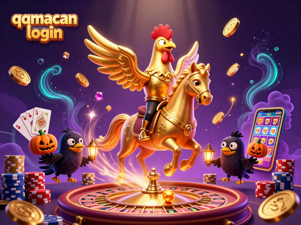 Engage with qqmacan login through a vibrant casino illustration featuring themed characters and dynamic gameplay elements.
