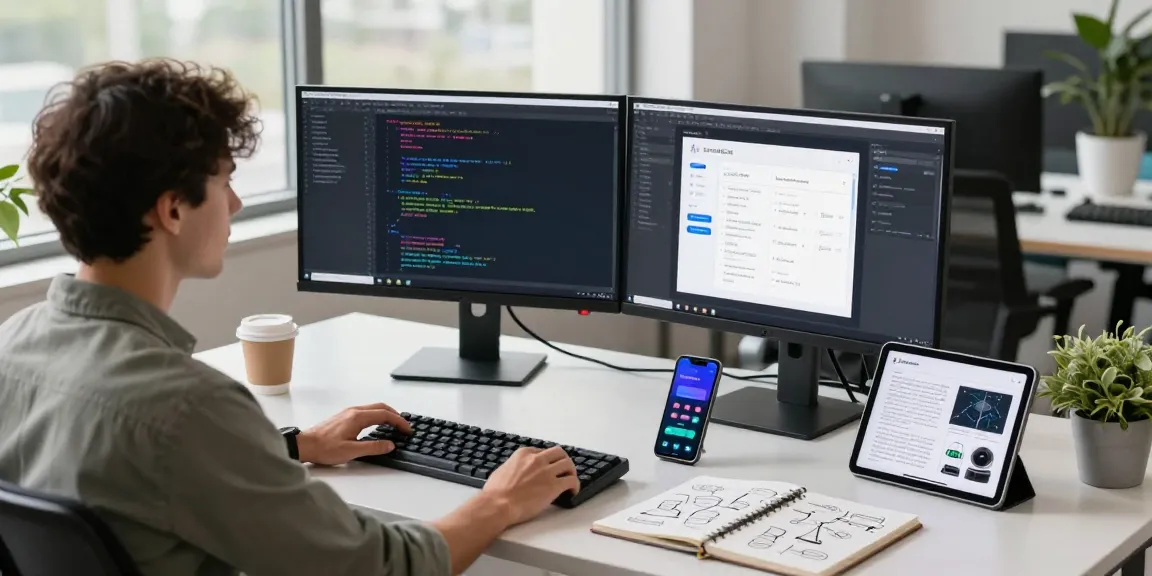 Build internal tools with AI in a modern workspace featuring coding displays and collaborative elements.