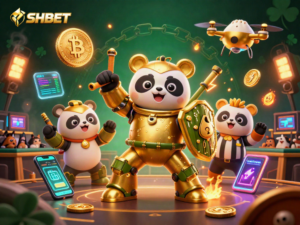 Engage in thrilling SHBET gaming as a golden panda pilots a battling robot amidst cheering fans and crypto coins.