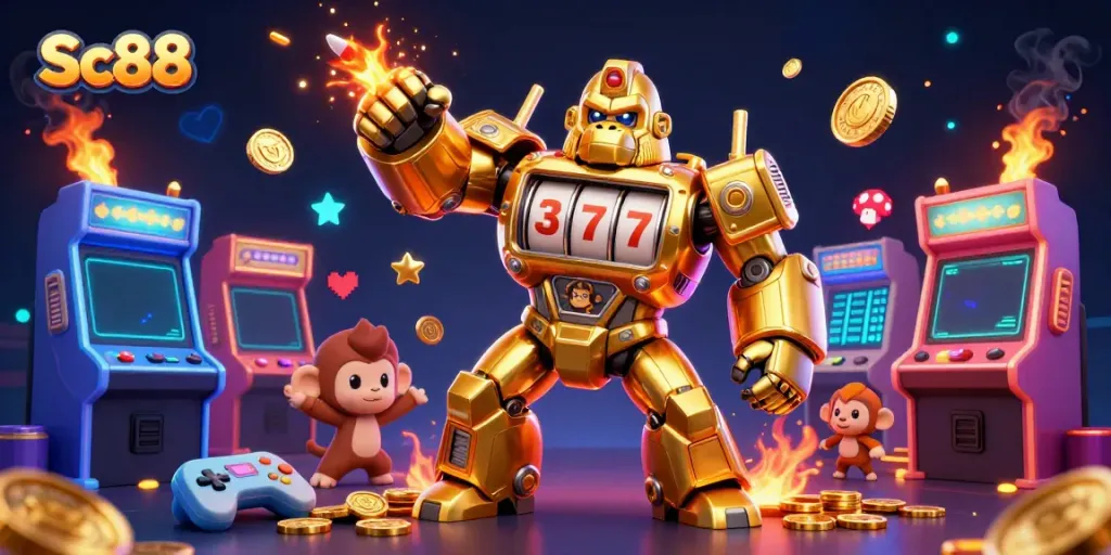 Experience the thrill of Sc88 with a dynamic illustration of a golden gorilla mech, casino elements, and vibrant gaming machines.